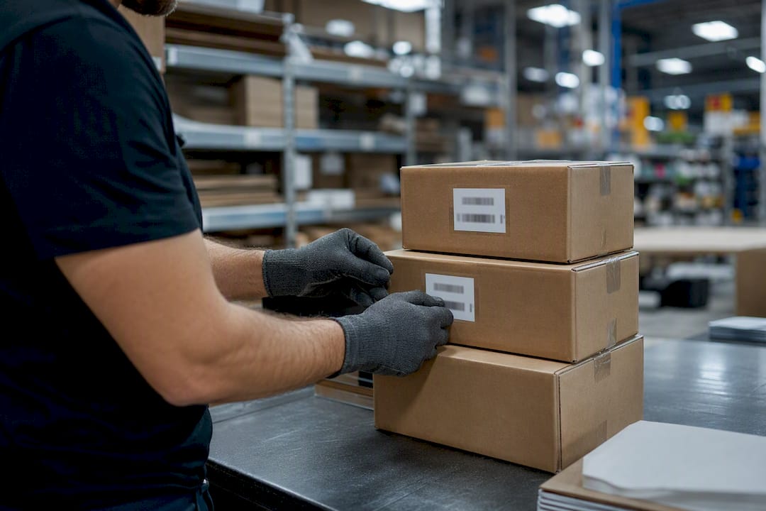 Hands placing labels on packages in warehouse