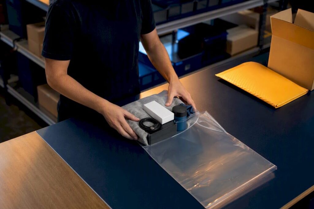 Worker assembling components into a fulfillment kit