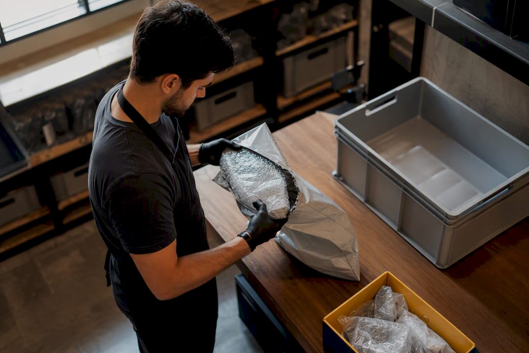 Worker inspecting returned parcel for restocking