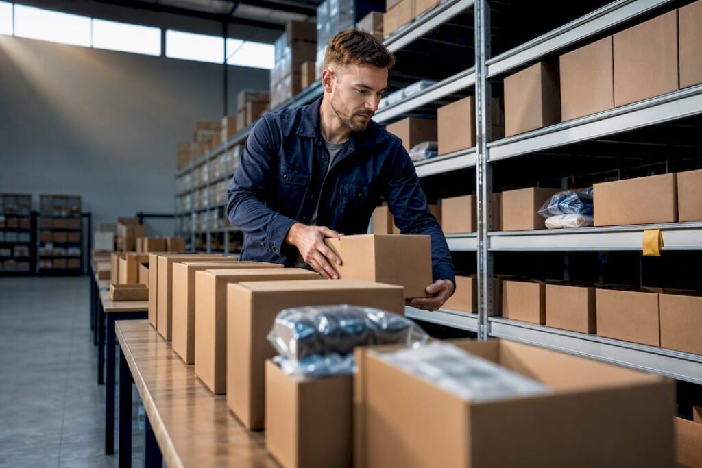 Inventory manager organizing grouped warehouse cartons