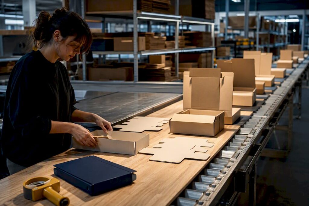 Custom packaging moving through fulfillment workflow