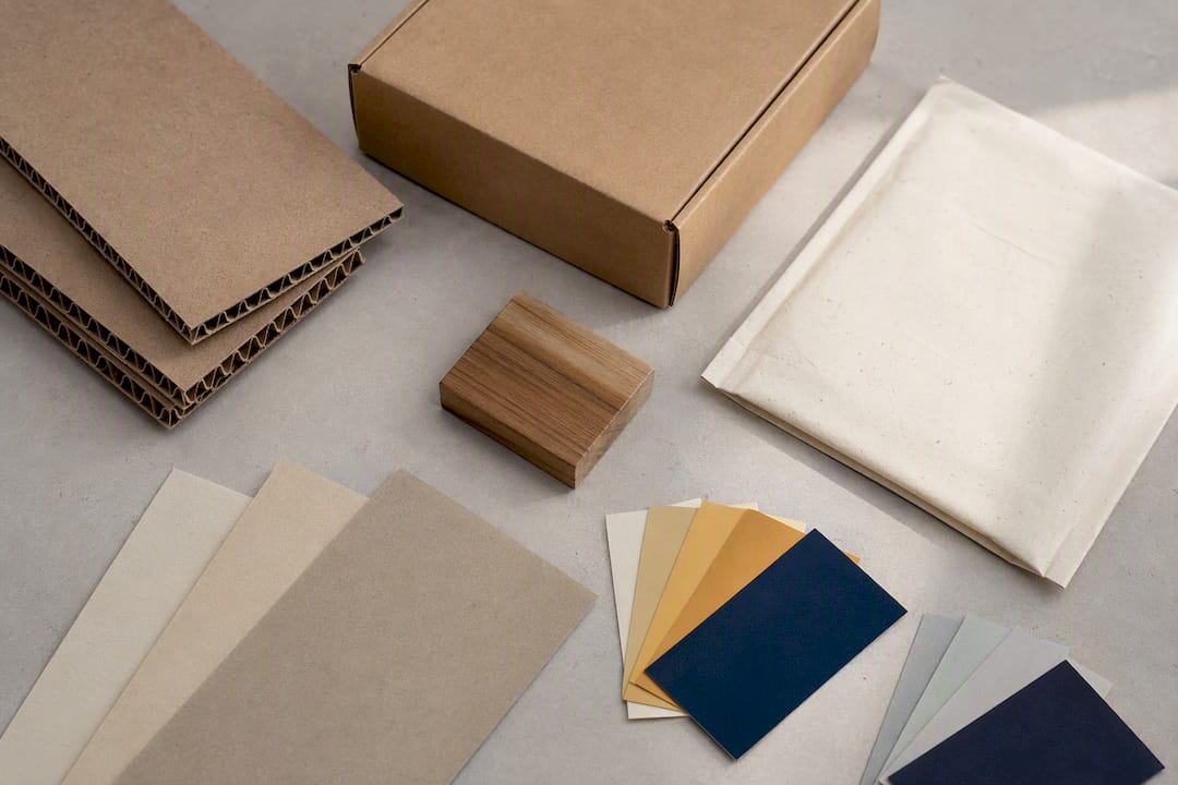 Sustainable packaging material samples arranged