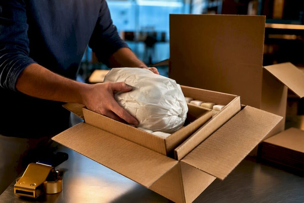 Nested box protecting fragile packaged item
