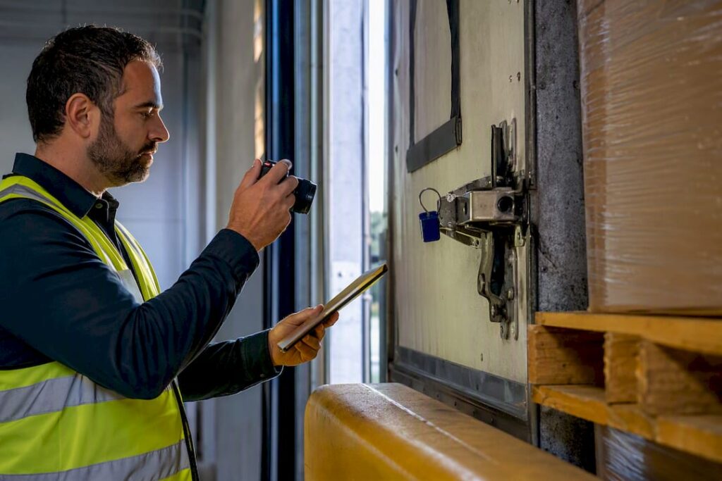 Associate verifying sealed shipment before unloading