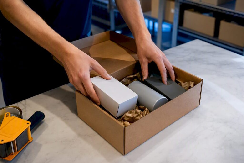 Hands assembling a retail-ready fulfillment kit