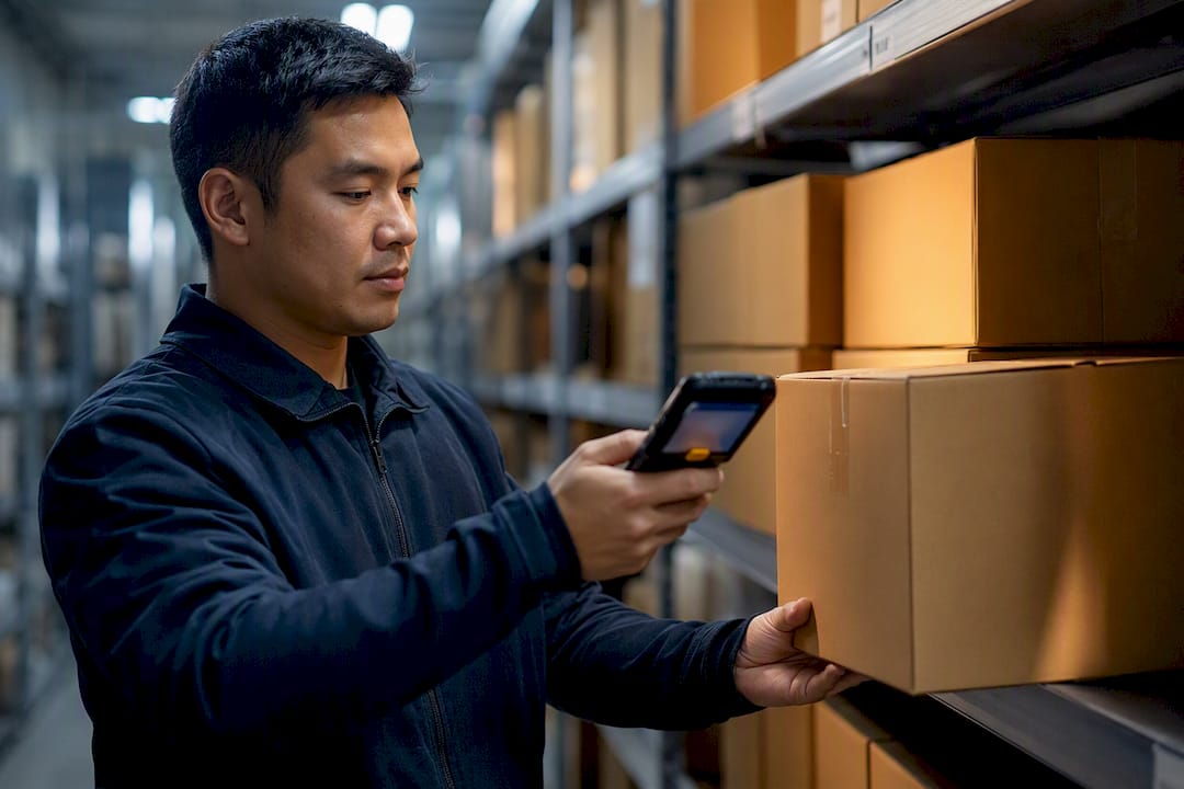 Associate scanning carton into warehouse location